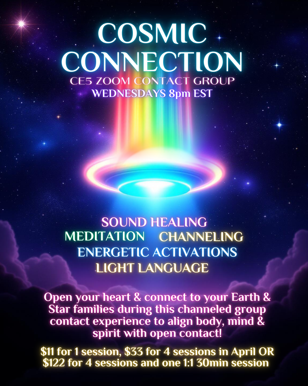Cosmic Connection CE5 Zoom Contact Group - Wednesdays 8pm EST - 4 Sessions + 1 Private Session Included