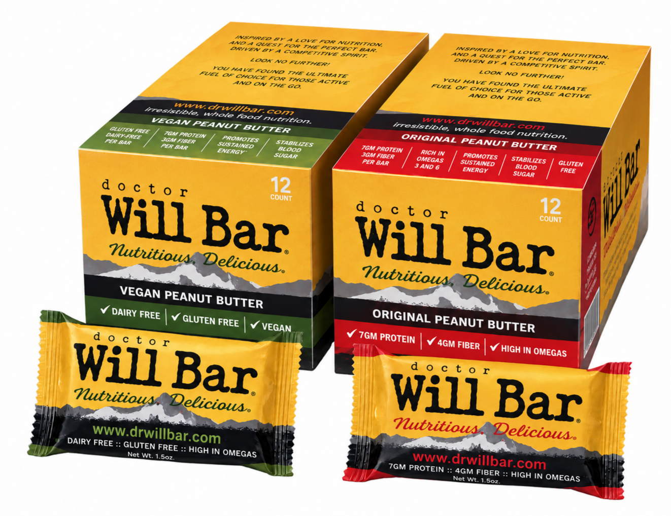 Original and Vegan Will Bar peanut butter snack bars displayed in their yellow boxes with individual bars in front.
