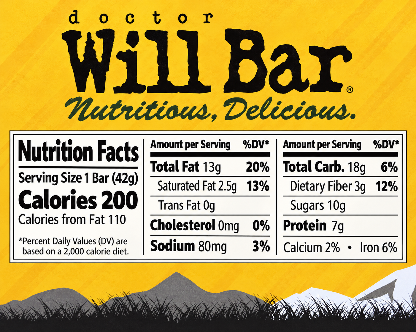 Nutrition Facts label for a Will Bar, showing serving size, calories, fat, carbohydrates, sugars, protein, and other nutritional information.