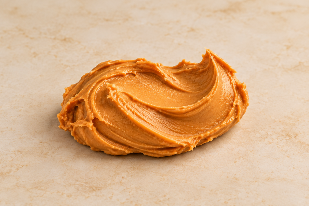 A dollop of creamy peanut butter on a beige surface.