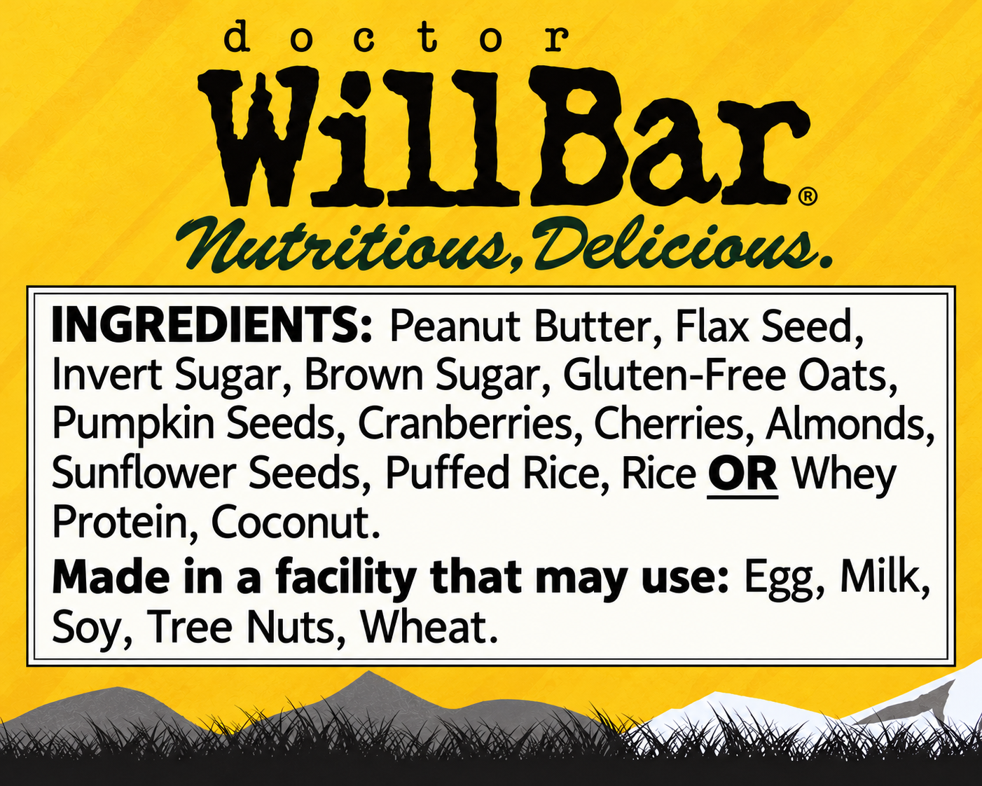 Will Bar ingredients label listing peanut butter, oats, seeds, dried fruit, nuts, and other ingredients, with an allergen notice.