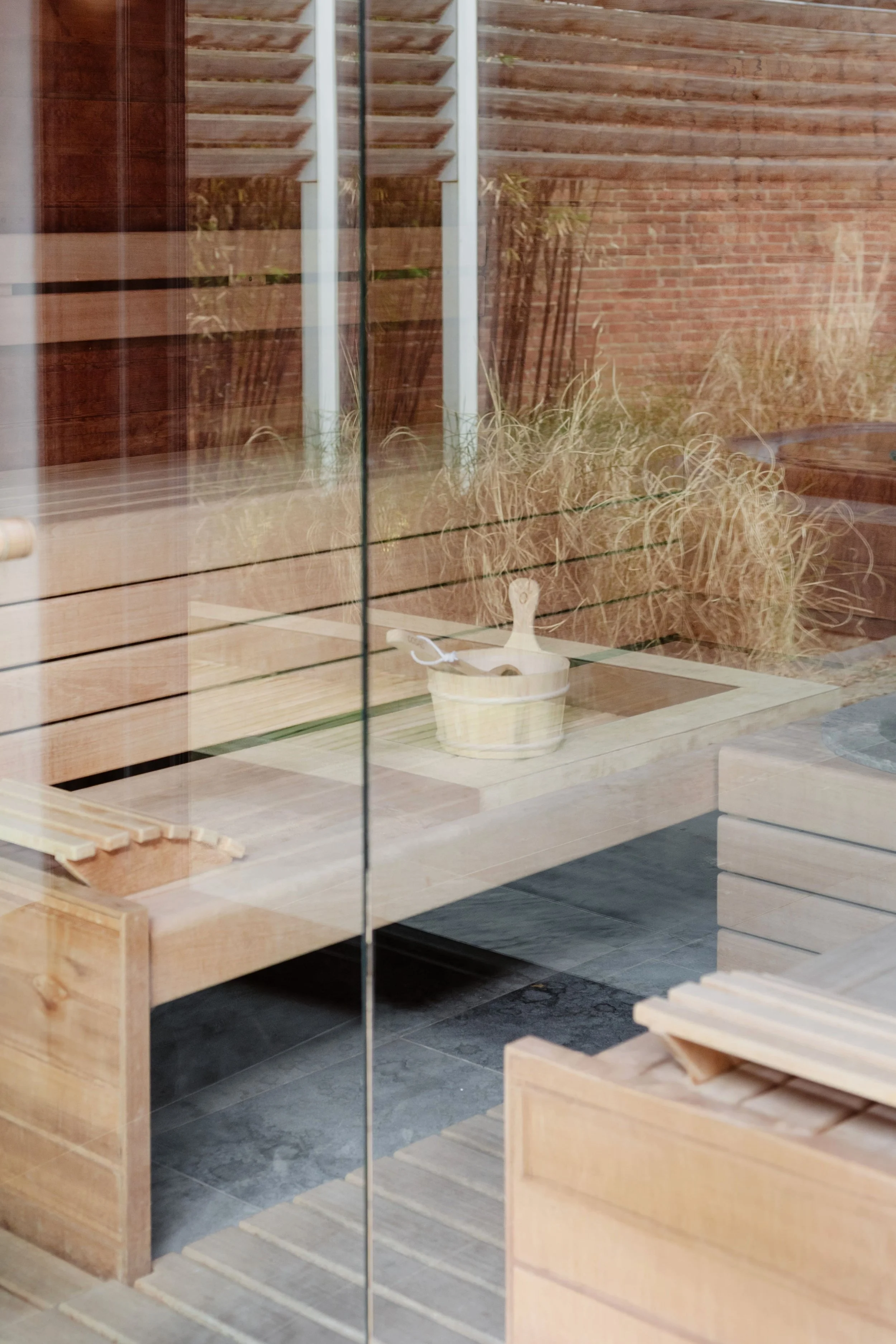 Binnenzicht van een houten saunaruimte met een houten bank, een emmer en een schep, gezien door een glazen wand, met planten en een houten muur op de achtergrond.