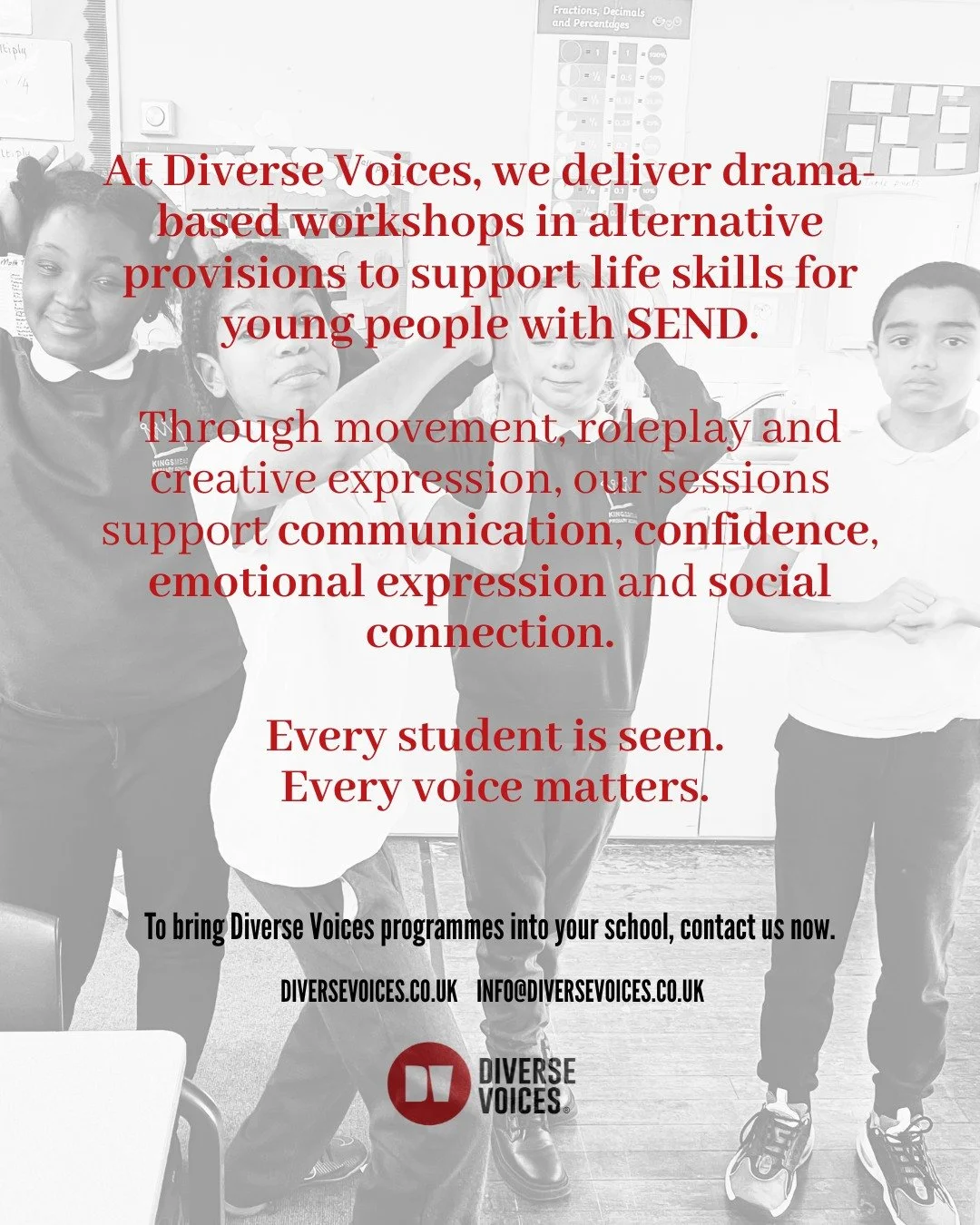 Drama isn't just an art form -- it's a life skill. 🎭
We bring movement, roleplay and creative expression into alternative provisions to support young people with SEND -- building confidence, communication and connection, one session at a time.
Every