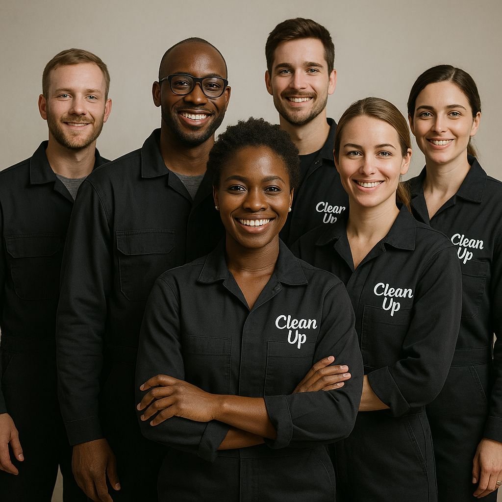Group of six diverse cleaning professionals in black uniforms smiling, with 'Clean Up' logos, standing together against a neutral background.