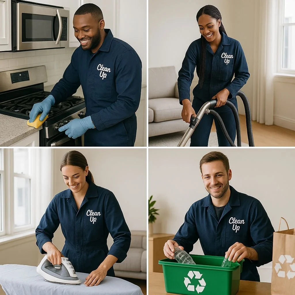 Four people performing different cleaning tasks: a man scrubbing an oven, a woman vacuuming a living room, a woman ironing a tablecloth, and a man recycling bottles, all wearing navy blue shirts with "Clean Up" embroidered on them.