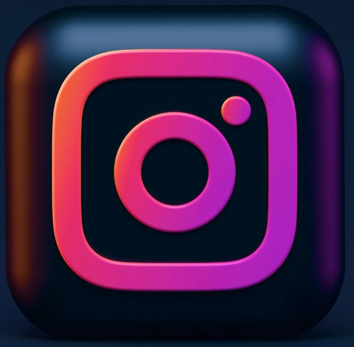 3D rendering of the Instagram app logo with a pink, purple, and orange gradient on a dark background.