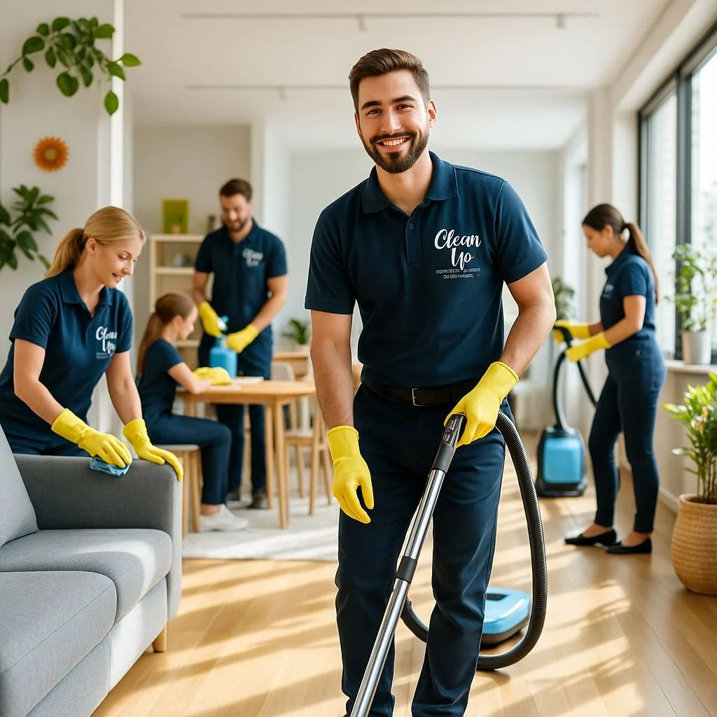 A group of people in matching navy blue shirts and yellow gloves cleaning a living room with a vacuum cleaner and cleaning supplies.