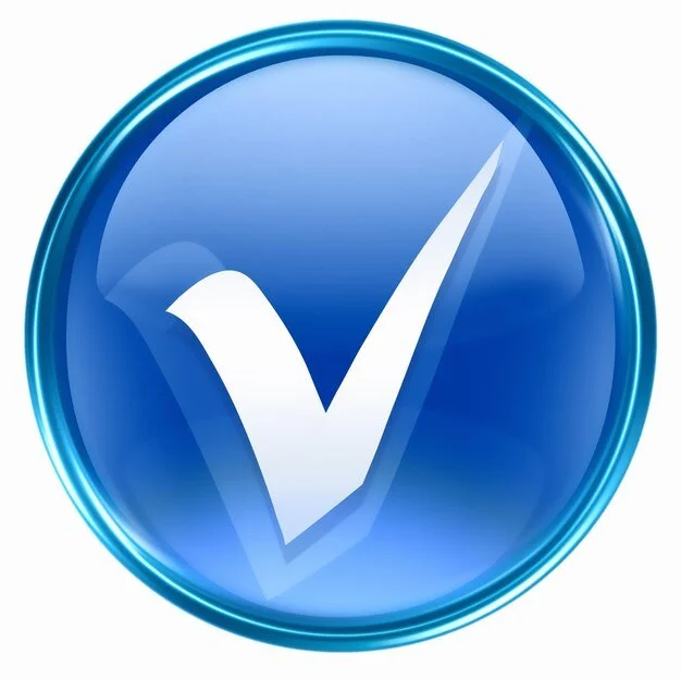 A shiny blue circular icon with a white check mark in the center.