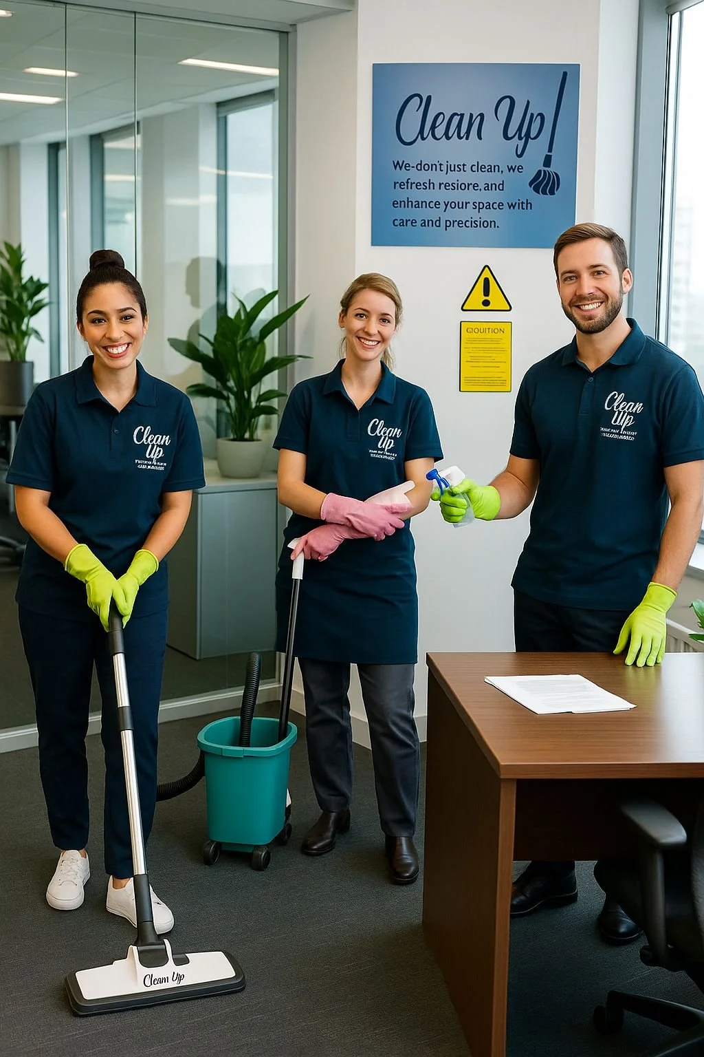 Three cleaning staff members in navy blue shirts and bright yellow gloves standing in an office with cleaning equipment, smiling, with a blue sign that reads 'Clean Up!' and a yellow caution sign on the wall.