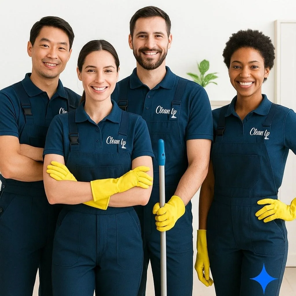 Group of four diverse professional janitors or cleaning staff wearing navy blue uniforms with 'Clean Up' logos, yellow gloves, and holding cleaning tools, smiling in an indoor setting with a plant in the background.