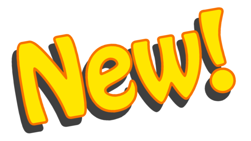 Bright yellow text that says 'New!' with a red shadow on a transparent background.