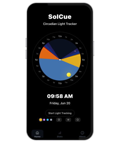 Smartphone screen displaying SolCue circadian light tracker with a 24-hour clock, colored segments indicating light exposure, and a current time of 09:58 AM on June 20, with options for light tracking and navigation icons at the bottom.