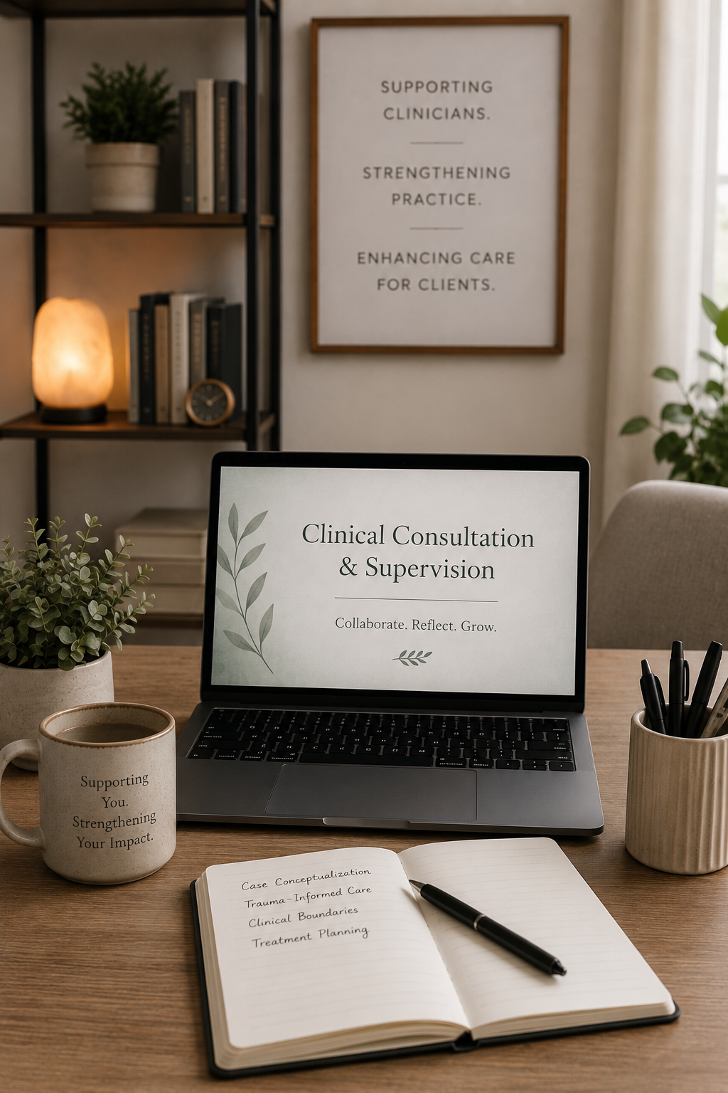 A desk setup with a laptop displaying 'Clinical Consultation & Supervision' in a minimalistic workspace. The desk has a notebook with handwritten notes, a pen, a coffee mug, and a potted plant. In the background, there is a framed poster with the words 'Supporting Clinicians. Strengthening Practice. Enhancing Care for Clients.' and a shelf with books, a salt lamp, and a clock.