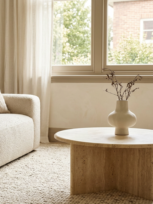 Therapy Office with beige sofa, round cream-colored marble coffee table with a white vase containing dried branches, beige carpet, large window with light-colored curtains, and greenery visible outside.