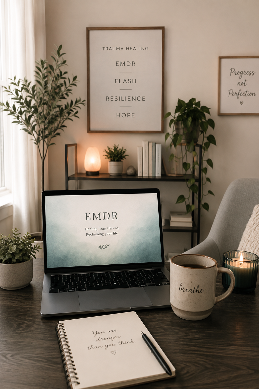 A workspace with a laptop displaying EMDR therapy information, surrounded by plants, a notebook with a motivational quote, a coffee mug labeled 'breathe.', and a candle. In the background, framed posters with the words 'Trauma Healing,' 'EMDR,' 'Flash,' 'Resilience,' 'Hope,' and a quote about progress.