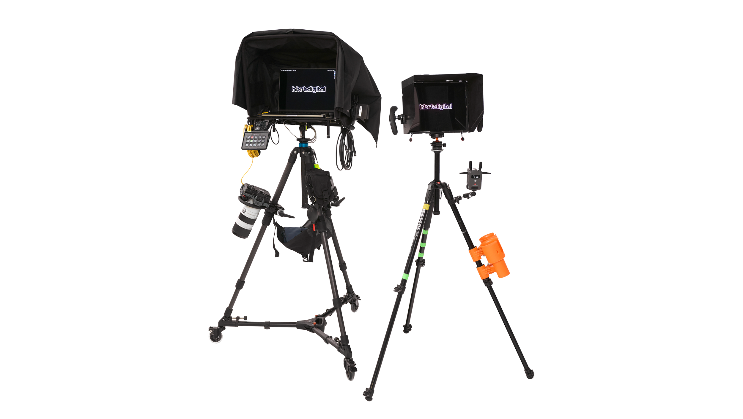 Photography equipment setup with two tripods, cameras, screens, and accessories for digital capture
