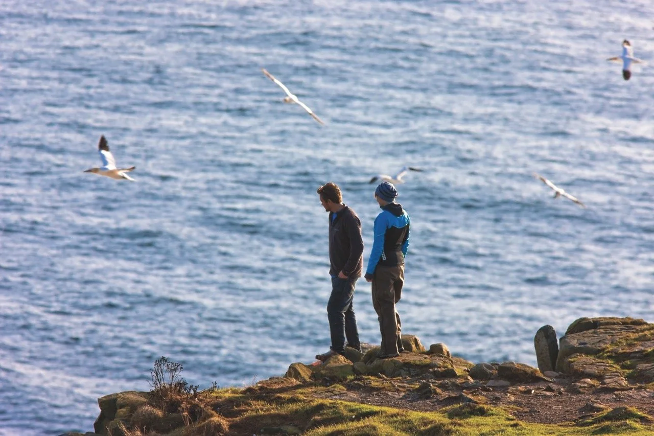 Two young men standing on a rocky cliff overlooking the ocean, with seagulls flying overhead.
