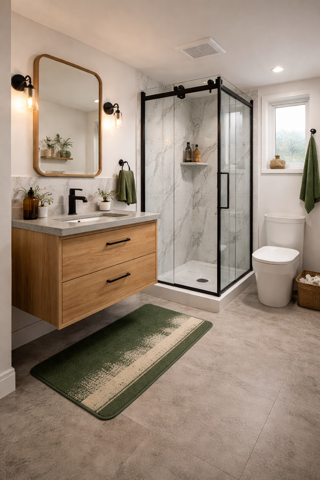 A modern bathroom with a floating wooden vanity with two drawers and black handles, a gray countertop with a black faucet, a large rectangular mirror with a wooden frame, wall-mounted black lights, potted plants, a glass-enclosed shower with marble walls, a window with a green towel hanging, a white toilet, a woven basket, and a green and beige rug on beige tiled floor.
