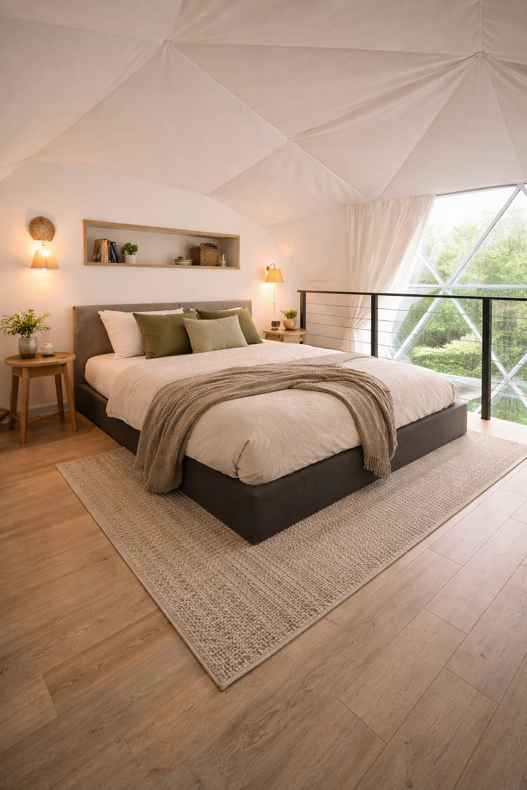 A cozy bedroom with a large bed, green and white pillows, a beige blanket, and a textured rug. The room has wood flooring, bedside tables with plants, wall-mounted lamps, and a shelf with books and decorative items. A large window with sheer curtains shows greenery outside.