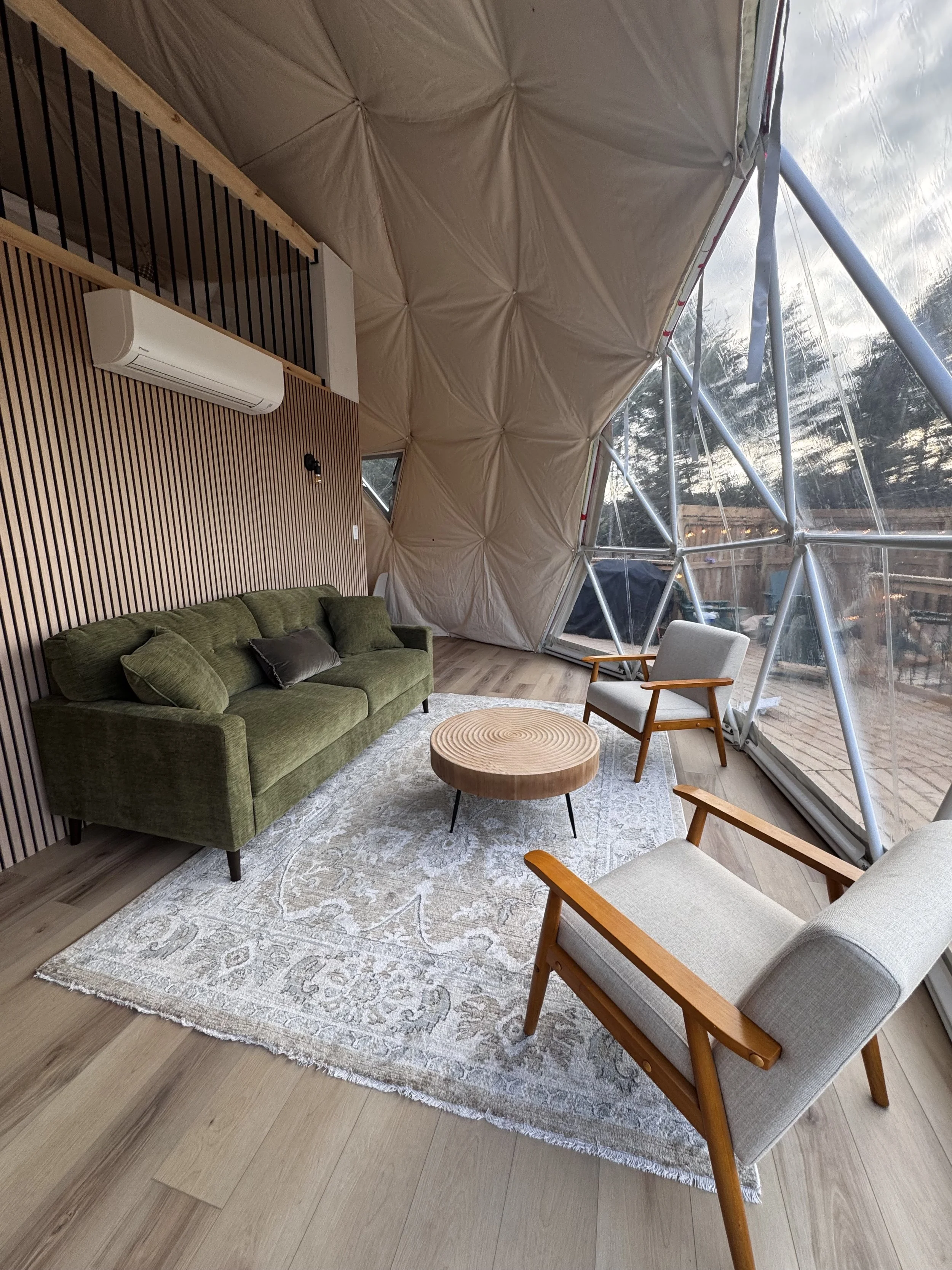 Modern living room with wooden floors, a green couch, a white armchair, and a round wooden coffee table on a patterned rug, with large glass walls and an architectural bubble-shaped ceiling.