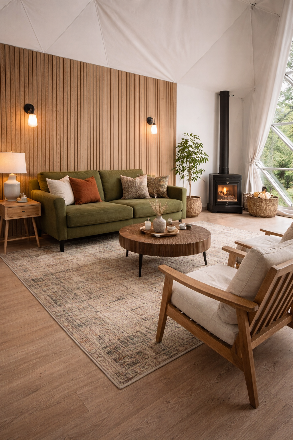 Living room with wooden ceiling, green sofa, white armchair with wooden arms, a round wooden coffee table, a fireplace, a potted plant, rug, side table with lamp, and windows with white curtains.