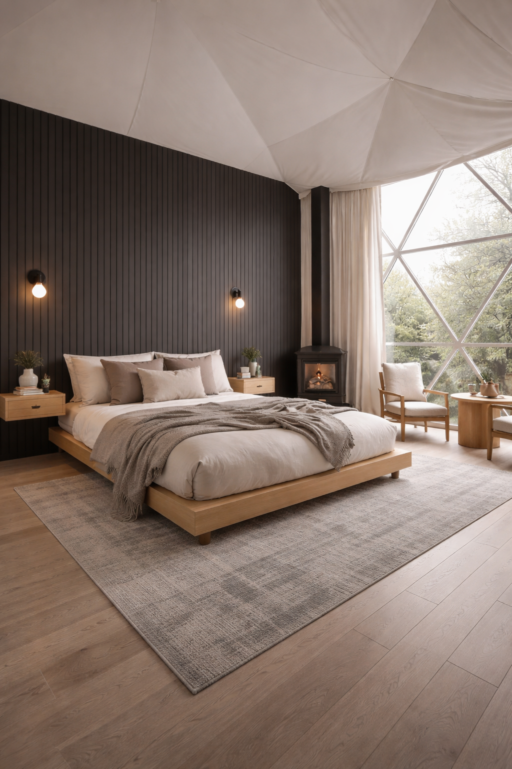 Modern bedroom with a wooden bed, beige bedding, and gray throw blanket. Black textured wall behind the bed, wall-mounted lights, small wooden nightstands with plants, a wood stove, large window with beige curtains, and two armchairs with a small round wooden table.