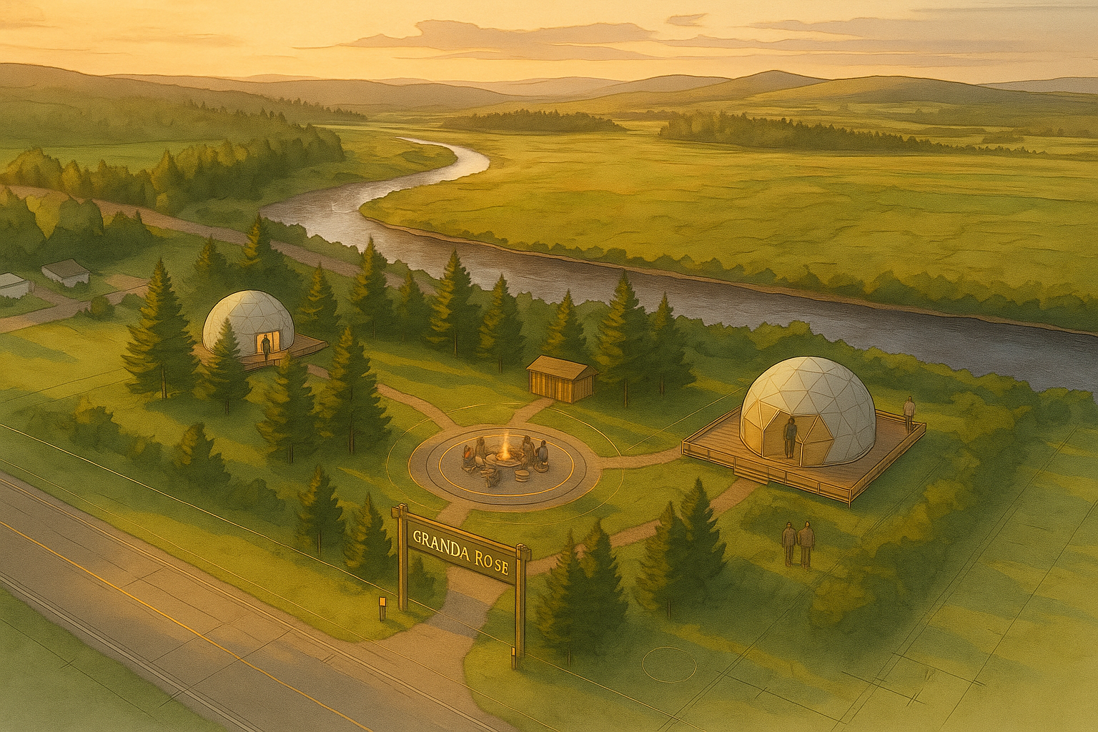 Artist's rendering of a glamping site called Granda Rose situated by a river with two geodesic dome accommodations, a campfire area with people, surrounded by trees, with hills and a river in the background.