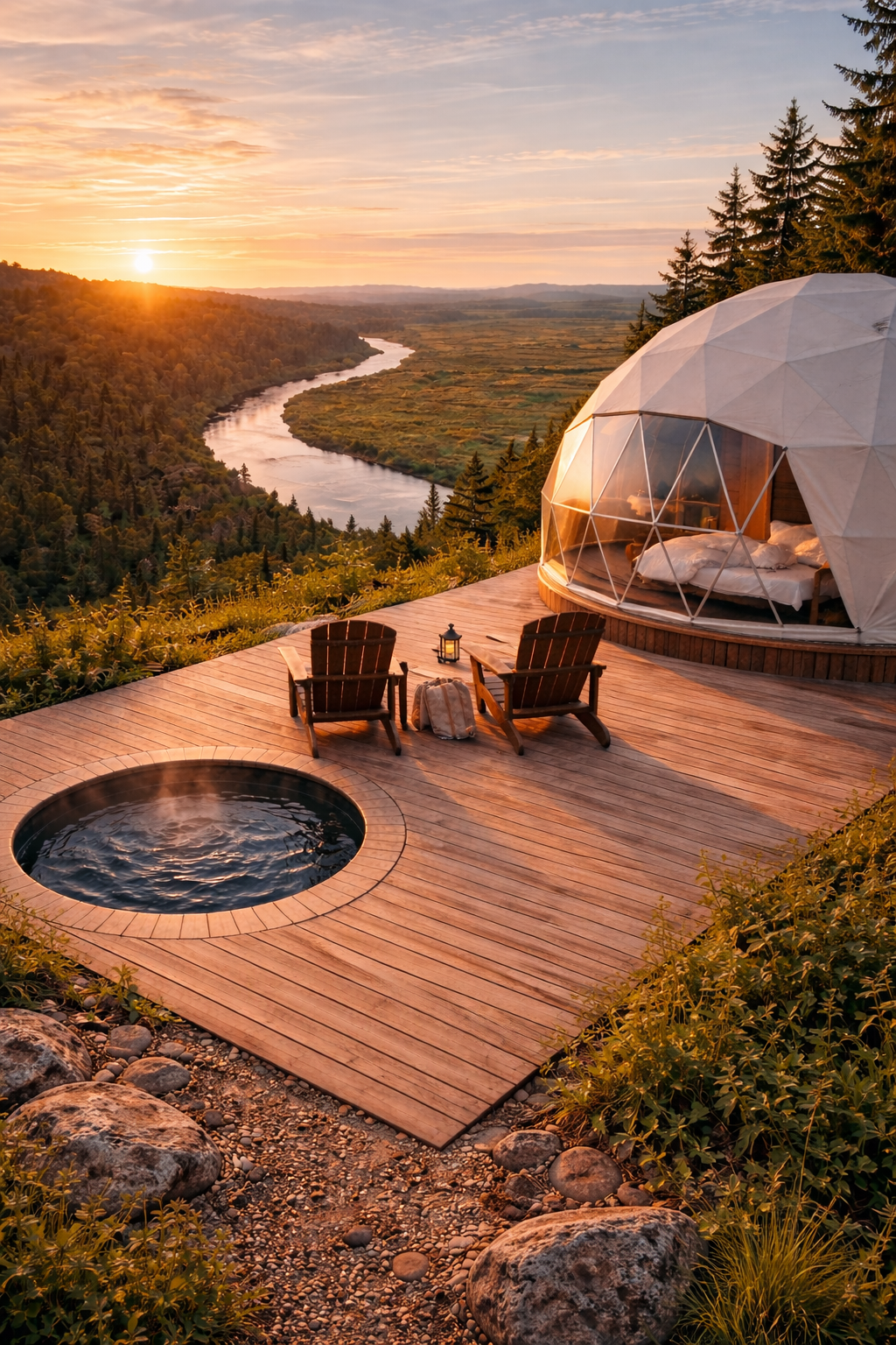 A luxurious outdoor sleeping dome on a wooden deck overlooking a river and forest at sunset, with two Adirondack chairs, a hot tub, and scenic landscape in the background.