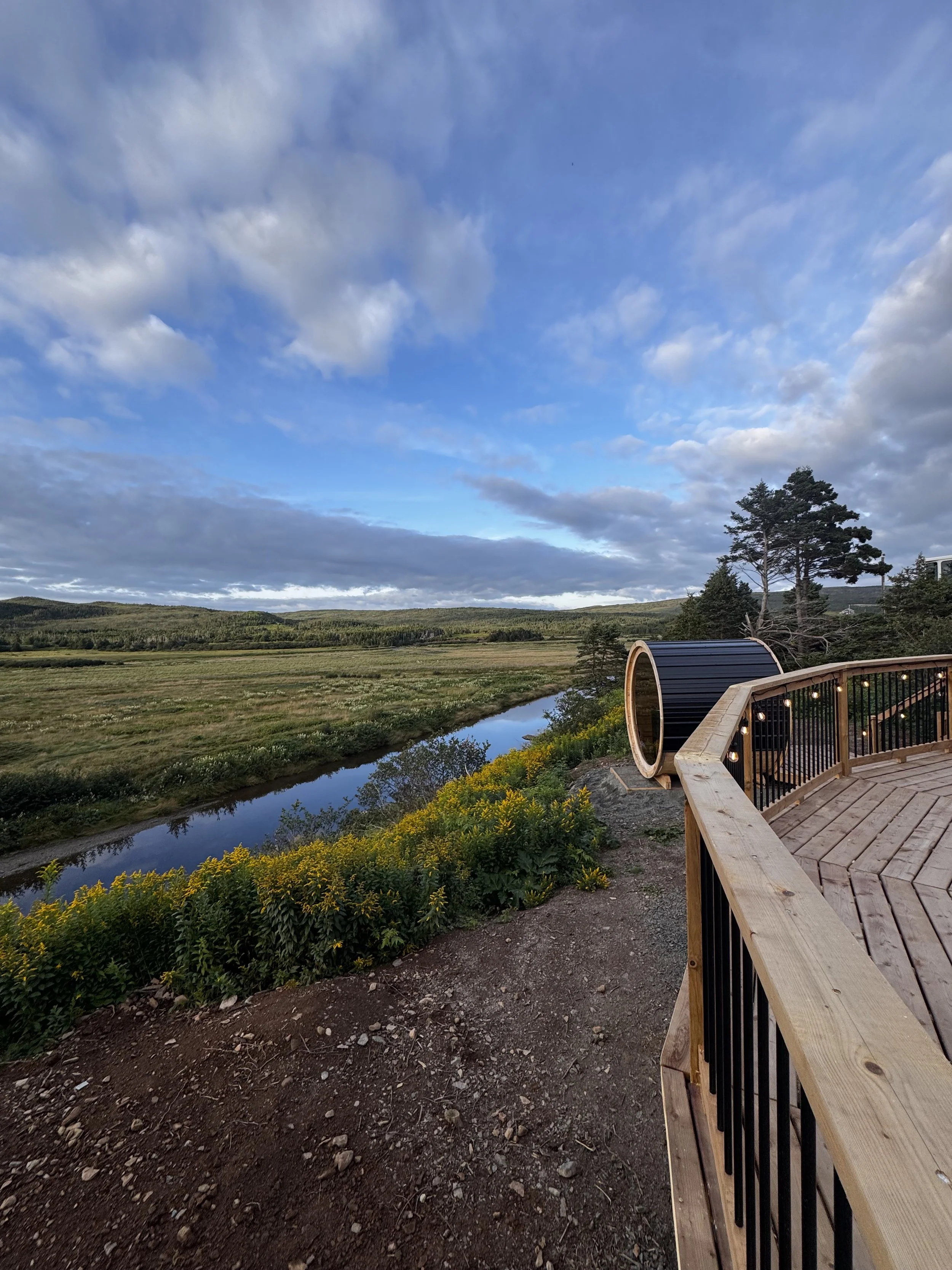 A scenic view of a lush green landscape with a small river, distant hills, a few trees, and a wooden deck with string lights in the foreground under a partly cloudy sky.