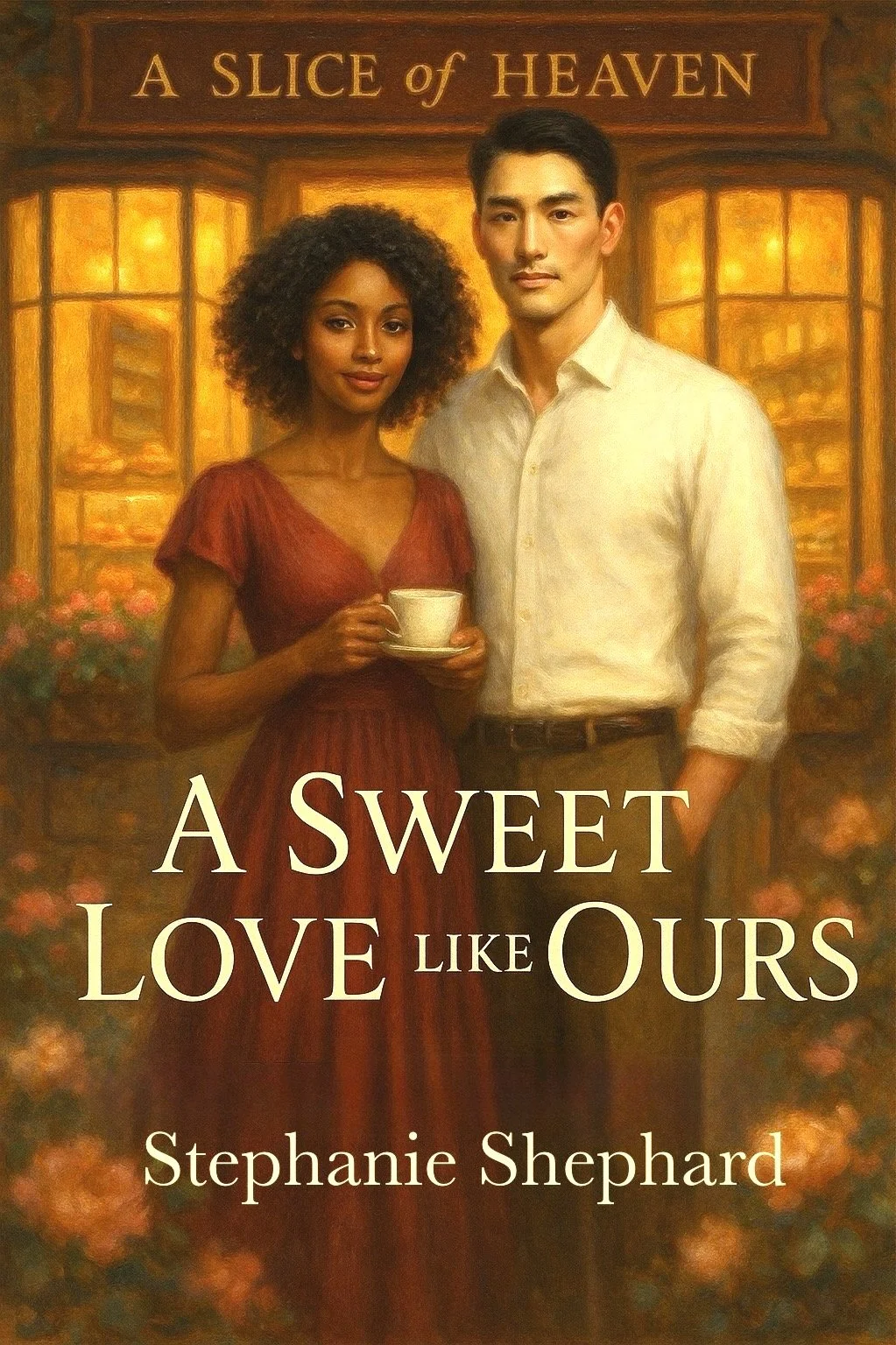 Award-nominated romance novel “A Sweet Love Like Ours” by Black woman author Stephanie Shephard—book cover featuring interracial couple, bakery setting, contemporary love story, multicultural fiction.