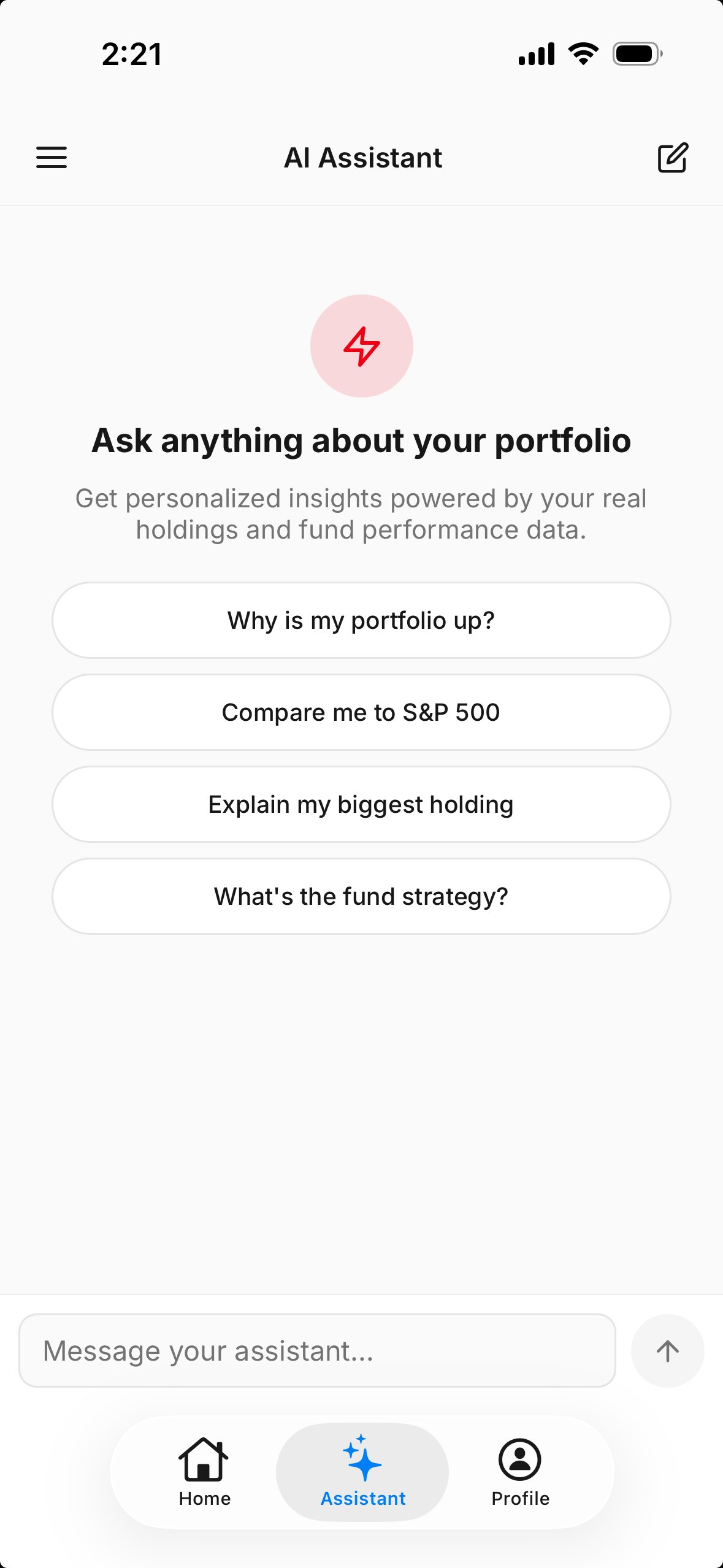 Assistant: natural-language questions against real holdings and fund data.