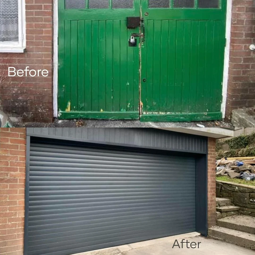 Before and after photo showing upgraded house with previous dated green lock and key doors, to a modern anthracite coloured electric roller shutter.
