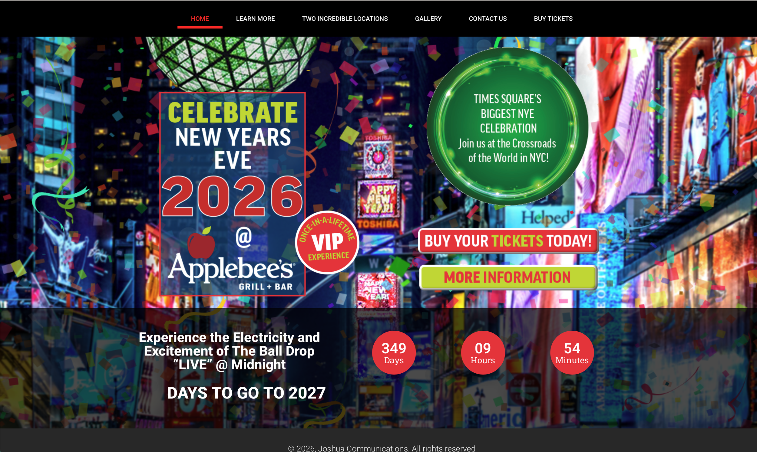 Brand Art director creating colorful Times Square New Year's Eve celebration website, bright neon signs, and a countdown timer for New Year's 2026, promoting the Ball drop for Applebee's Grill + Bar with buttons for tickets and more information about