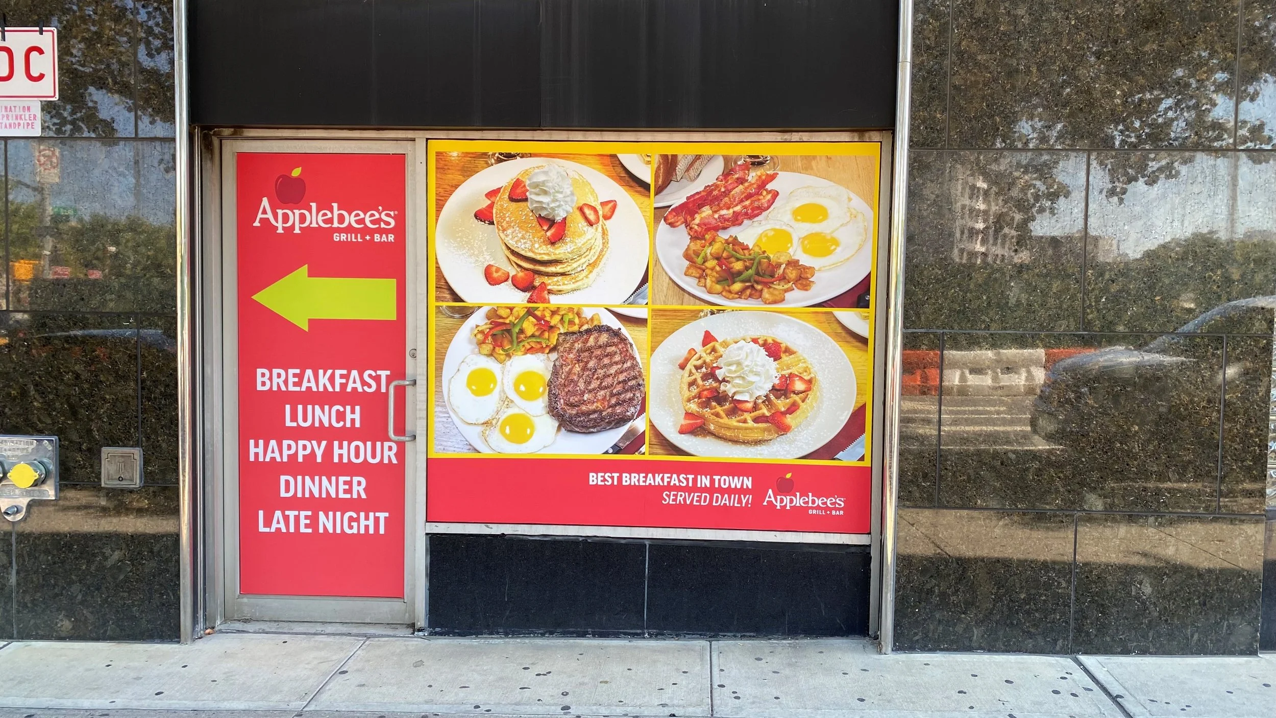 Best Outdoor signage.  Art directed a photoshoot for this eye-popping food imagery that makes this dark windowscape stand out to passing cars and people walking by. Enhancing the direction to Applebee's, this effective signage increases guest attenda