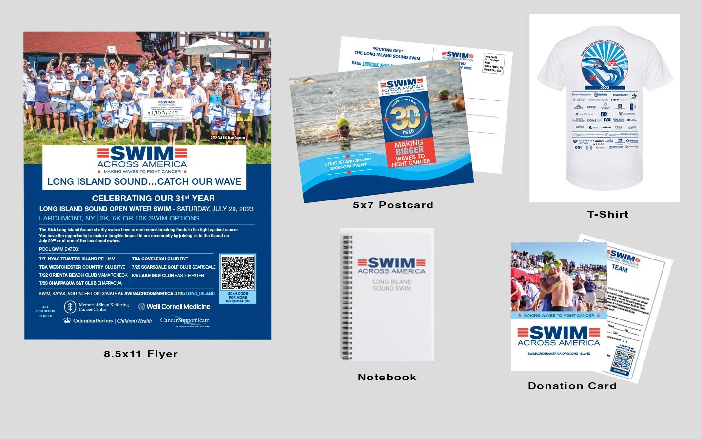 Best of Art director, marketing materials, best graphic designer. Collection of promotional materials for the SWIM Across America event, including a large blue 8.5x11 flyer, five 7x5 postcards, a spiral notebook, a white T-shirt with event branding, 