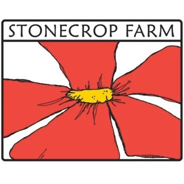 Stonecrop Farm logo featuring a stylized red flower with a yellow center.