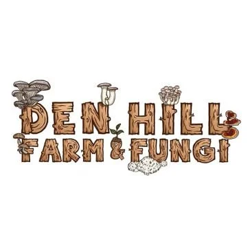 Illustrated text reading 'Den Hill Farm & Fungi' with drawings of mushrooms, leaves, and fungi integrated into the lettering.