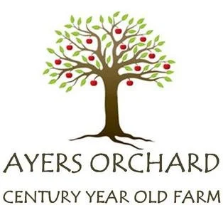 Logo of Ayers Orchard featuring a tree with green leaves and red apples, with text 'Ayers Orchard Century Year Old Farm'.