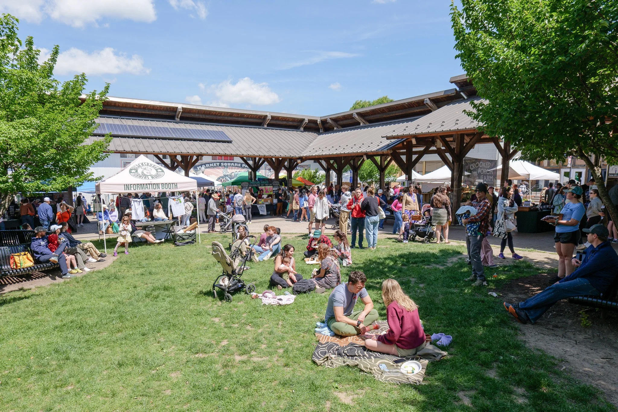 Outdoor market or community event with people sitting on grass, walking, and browsing stalls under a wooden shelter on a sunny day.