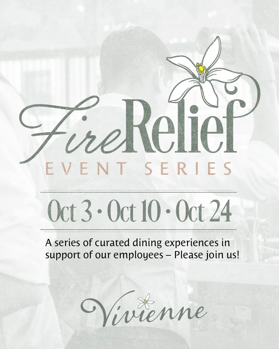 ENJOY A SERIES OF CURATED DINING EVENTS IN SUPPORT OF OUR EMPLOYEES
Join us on the 23rd floor in the beautifully renovated event space at 446 Main at the top of the tower where Vivienne is located for a series of Coastal Mediterranean Food & W