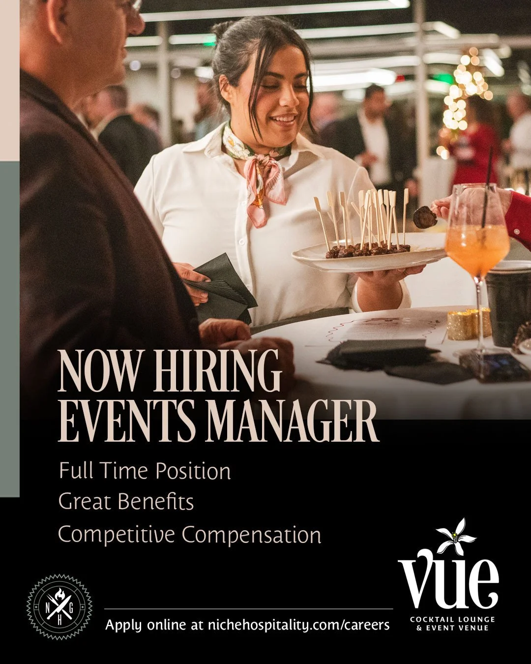 Calling all party people! We're looking for a dedicated and organized professional to join our team in a FULL TIME capacity as our 'Events Manager' for VUE and other Niche properties.⁠
⁠
Niche Hospitality Group offers a competitive compensation packa