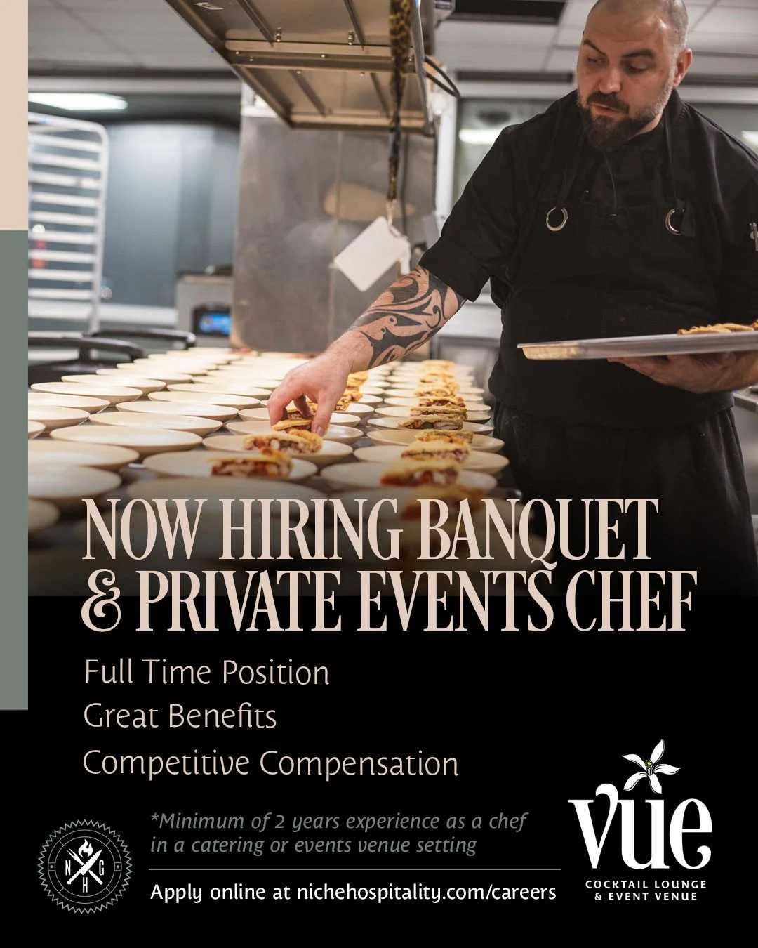 Yes chef! We're looking for an experienced professional to join our team in a FULL TIME capacity as our 'Banquet &amp; Private Events Chef' for VUE Cocktail Lounge and Event Venue.⁠
⁠
This position requires a minimum of 2 years experience as a chef i