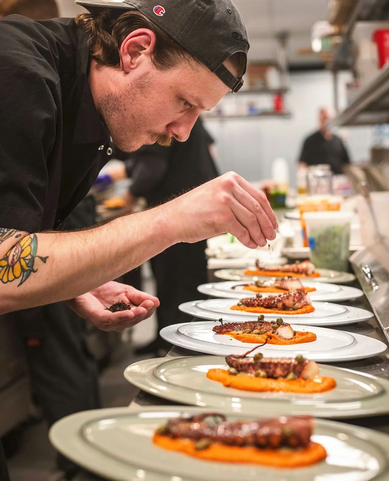 Grilled Octopus, charred and tender, finished with red pepper romesco, orange caper dressing, and a touch of urfa.⁠
⁠
Simple ingredients, handled with care.⁠
⁠
Join us at the bar or settle in for the full experience.