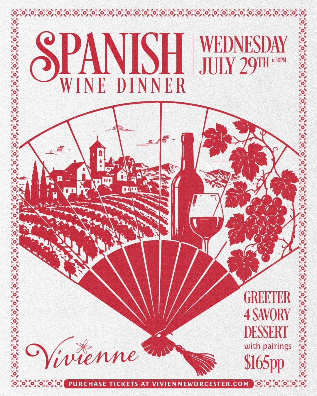 Join us on Wednesday, July 29 at 6:30 PM for the next installment of Vivienne's Wine Dinner Series, where each course is thoughtfully paired to showcase the richness, diversity, and tradition of Spanish cuisine and winemaking.⁠
⁠
The evening includes
