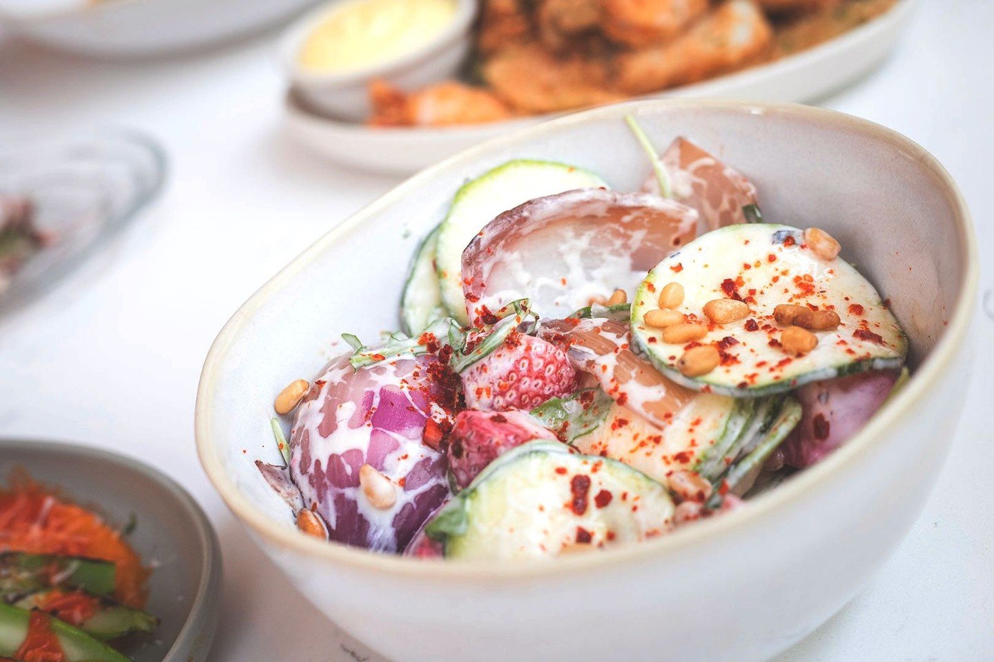 Our newest seasonal salads celebrate bright, fresh flavors made for warm evenings and shared tables.⁠
⁠
Insalata di Zucchine &mdash; raw zucchini, toasted pine nuts, strawberries, charred red onion, arugula, and yogurt dressing⁠
⁠
Heirloom Tomatoes &