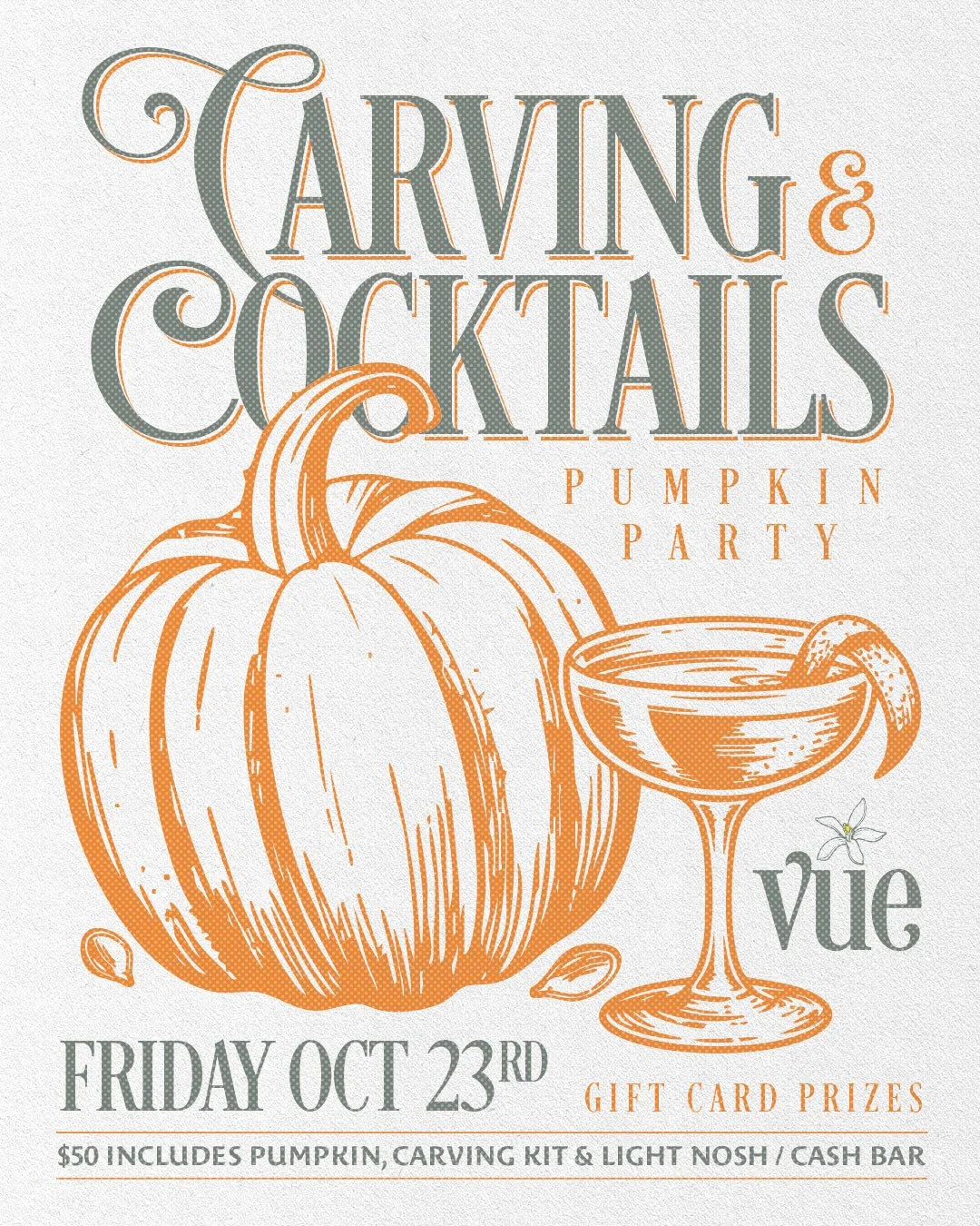 🎃🍸️ Get into the spirit of the season at VUE with our Carving &amp; Cocktails Pumpkin Party on Friday, October 23rd!⁠
⁠
For $50 per person, we&rsquo;ll provide the pumpkin, carving kit, and light nosh&mdash;you bring the creativity. Sip your way th