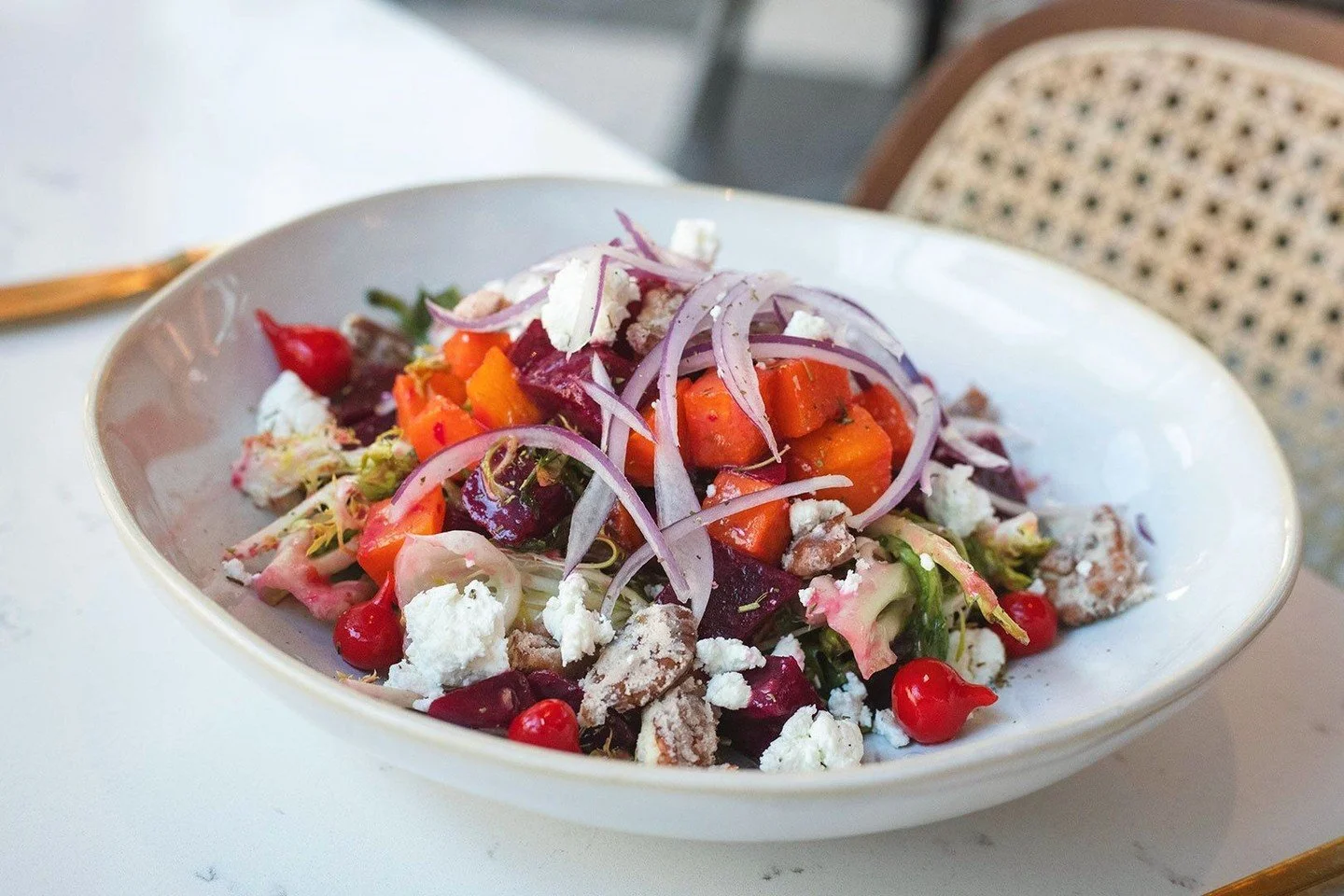 Earthy roasted vegetables, crisp greens, warm spices, and bright Mediterranean flavors come together in two beautiful new additions to our menu.⁠
⁠
ROASTED BEET &amp; BUTTERNUT SALAD⁠
Fris&eacute;e, glazed pecans, red onion, sweety drop peppers, goat