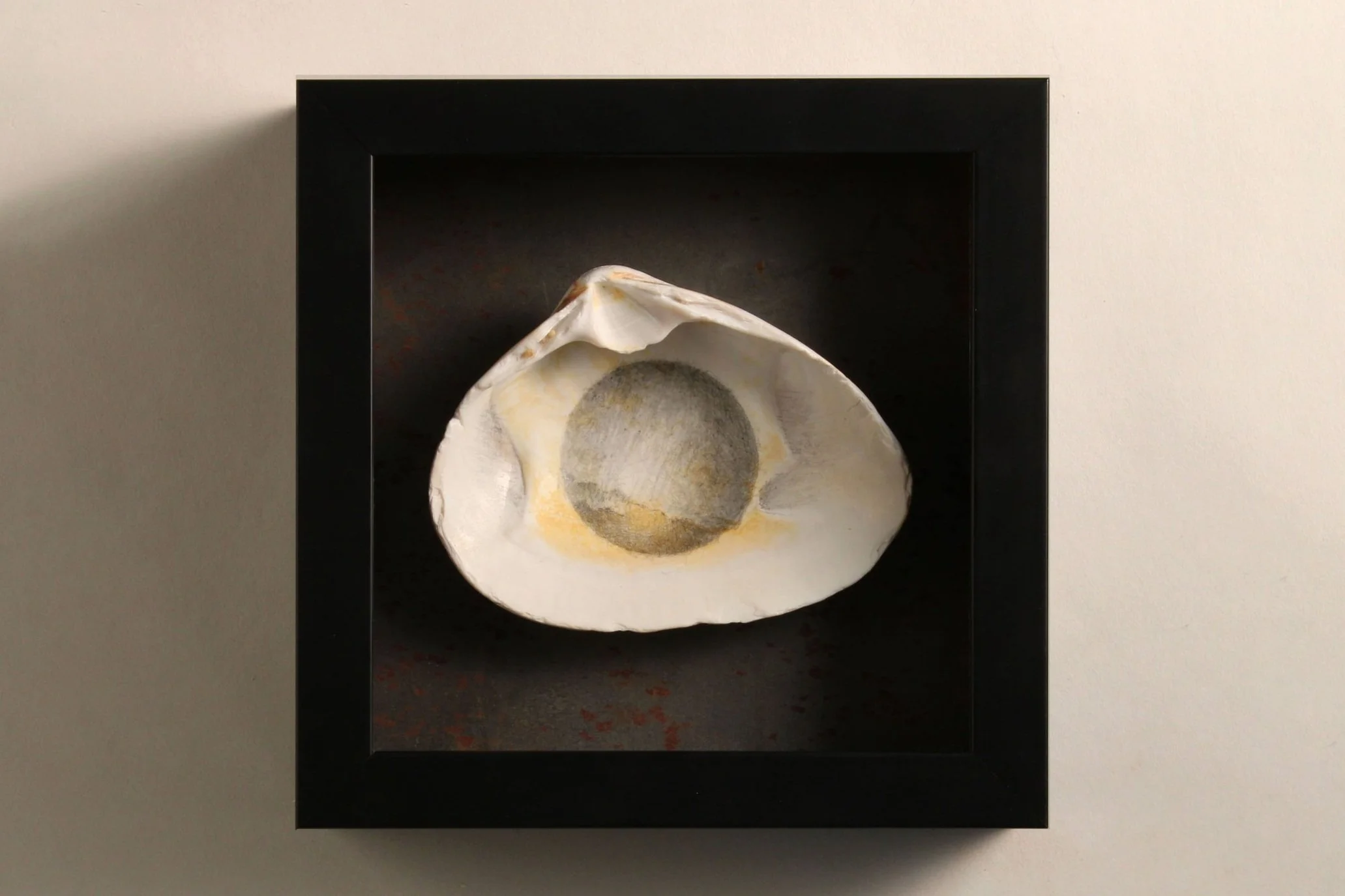 The Center of the Universe: V , 2017–2023 7 x 7 x 2 inches Graphite on seashell, mounted on steel plate with frame
