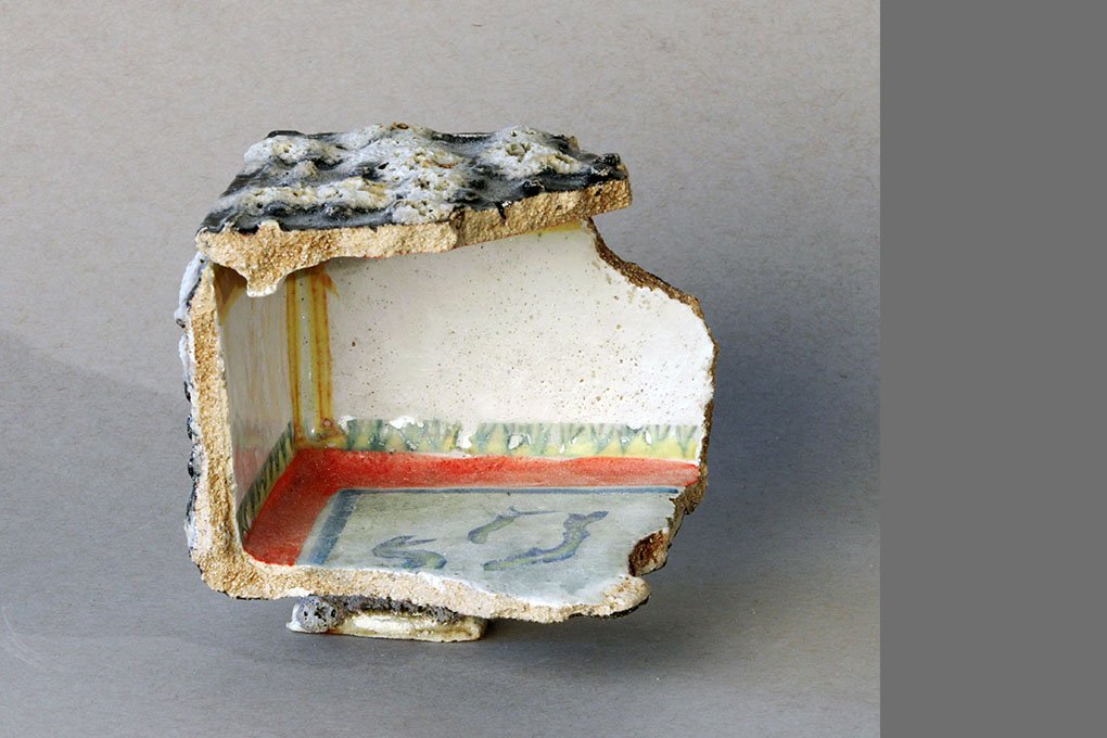   Box Fragment: Columns and Pool,  2025 Stoneware, experimental glazes that include pumice dating to 79 AD, ceramic decal prints made from original watercolor paintings Approx. 8 x 6 x 4 inches   