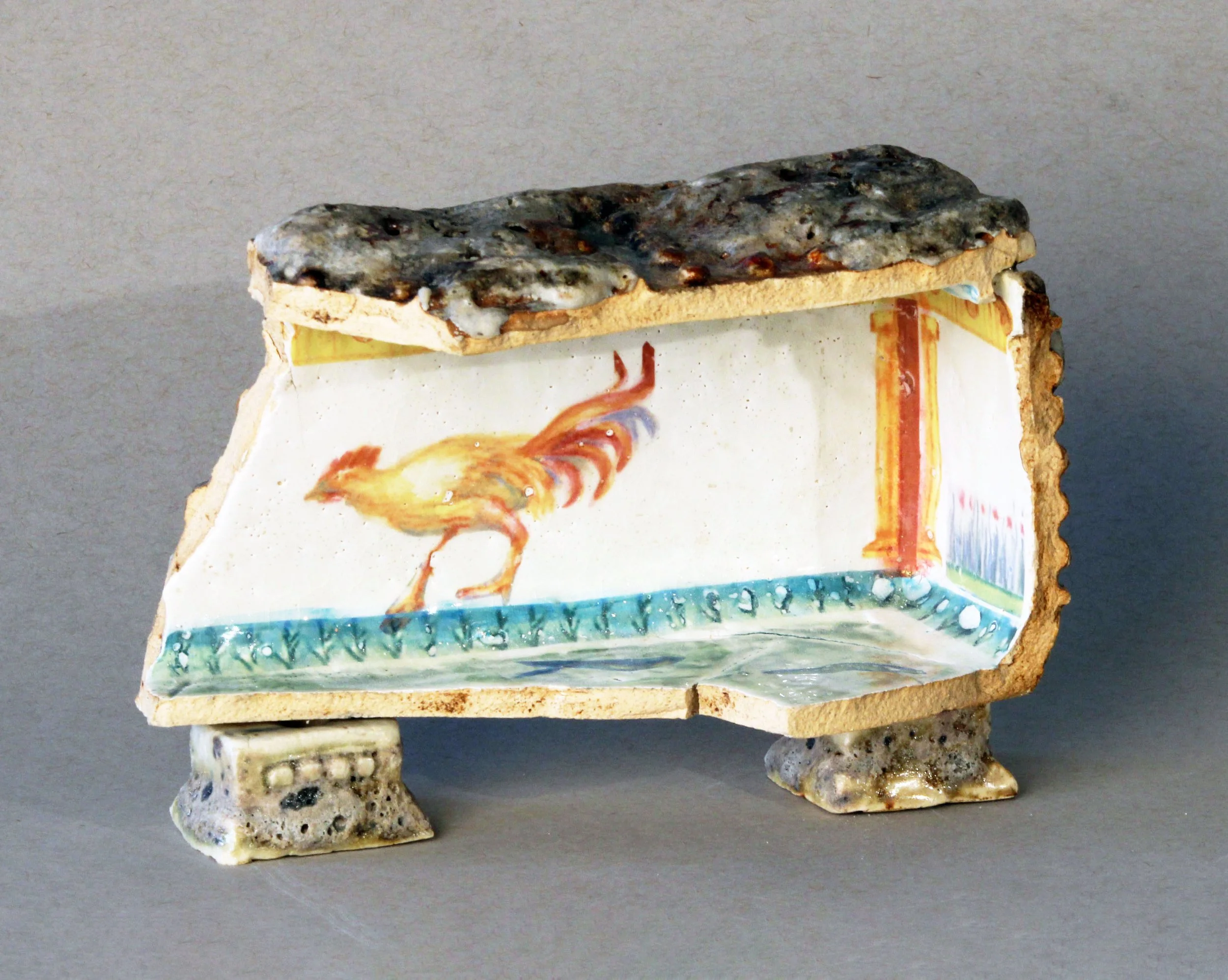   Box Fragment: Rooster and Pool,  2025 Stoneware, experimental glazes that include pumice dating to 79 AD, ceramic decal prints made from original watercolor paintings Approx. 8 x 2 x 4 inches   